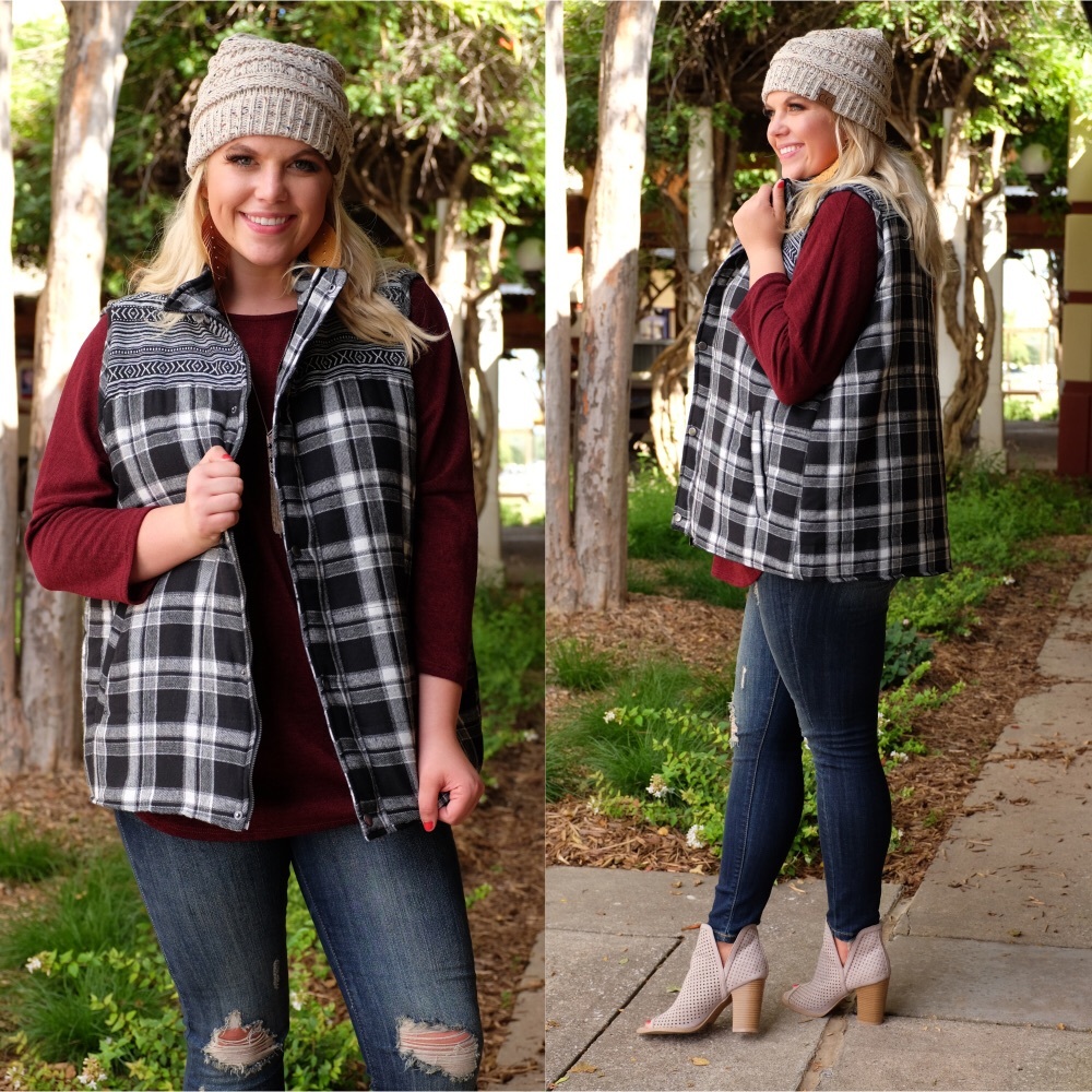 PLUS Black Checkered Plaid Puff Vest